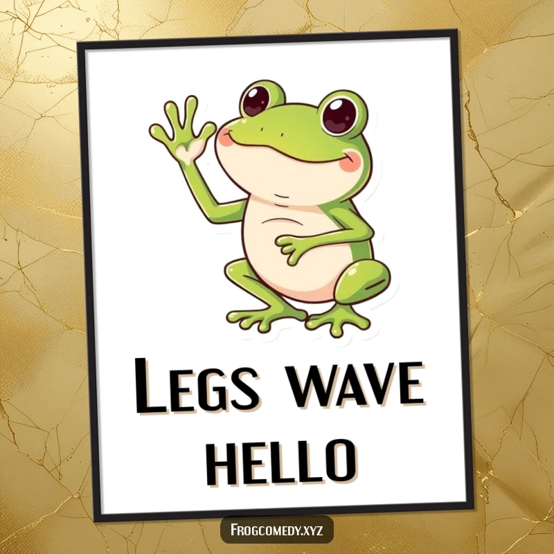 Funny poster featuring a frog humorously waving with its long legs in an exaggerated, comical gesture.