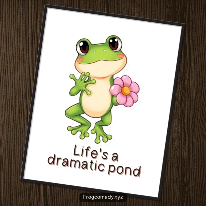 Funny Kawaii frog in a dramatic pose with a flower, cute anime poster, wall art, gift.