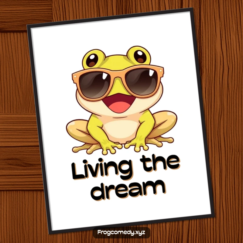 Funny poster of a giggling frog wearing oversized sunglasses while basking in the sun, adding cool amphibian humor.