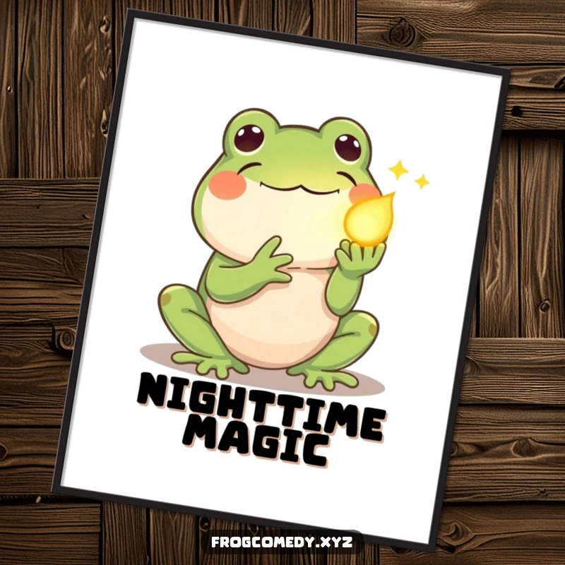 Funny kawaii frog poster, shyly offering a glowing firefly with gentle eyes, creating a serene and humorous display.