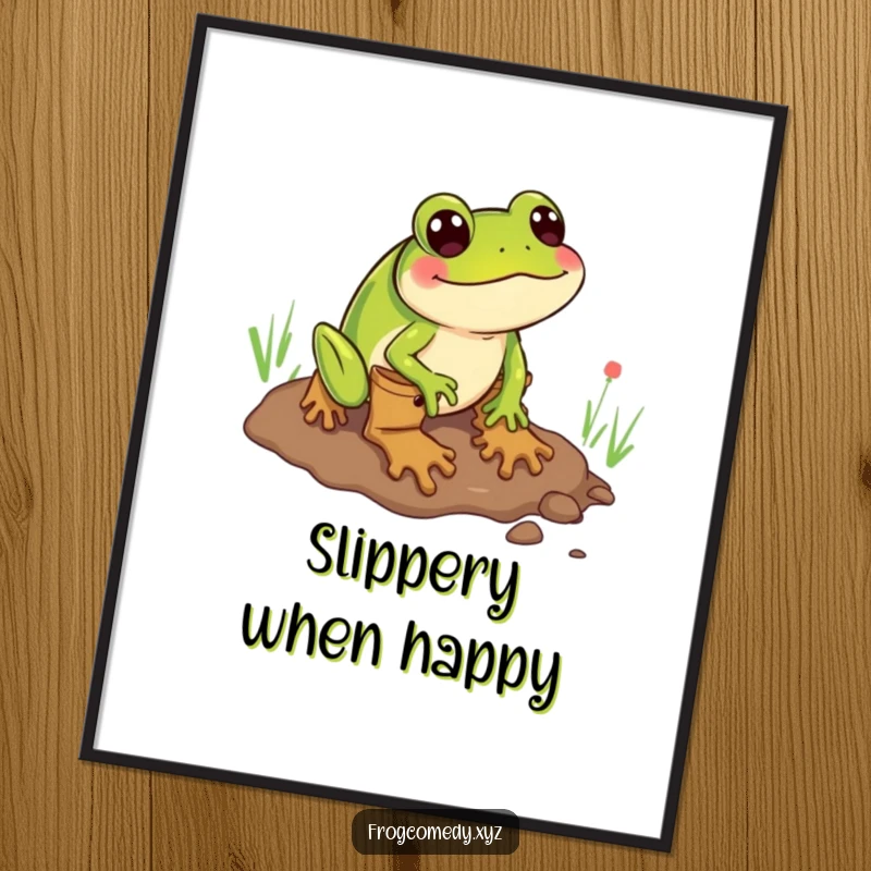 Funny poster print of a frog wearing boots comically sliding through mud, conveying hilarious aquatic chaos.