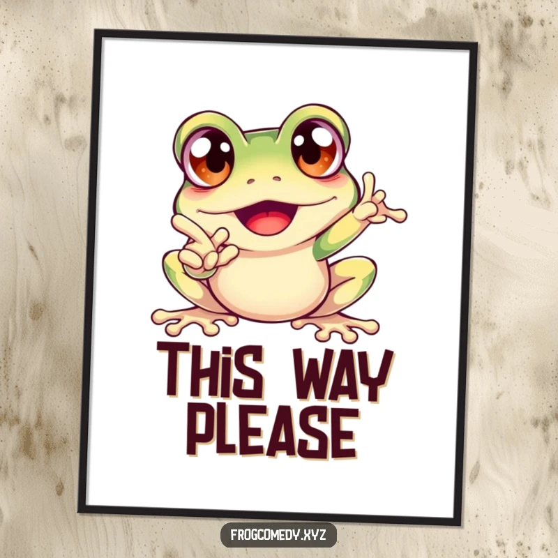 Funny poster art of an excited frog with huge bulging eyes, pointing forward with exaggerated energy, vibrant and humorous.