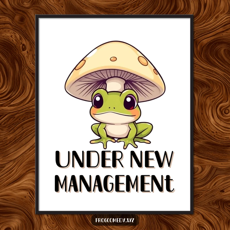 Funny frog curiously peeking from under a mushroom, displayed as a vibrant poster, adding whimsical charm.