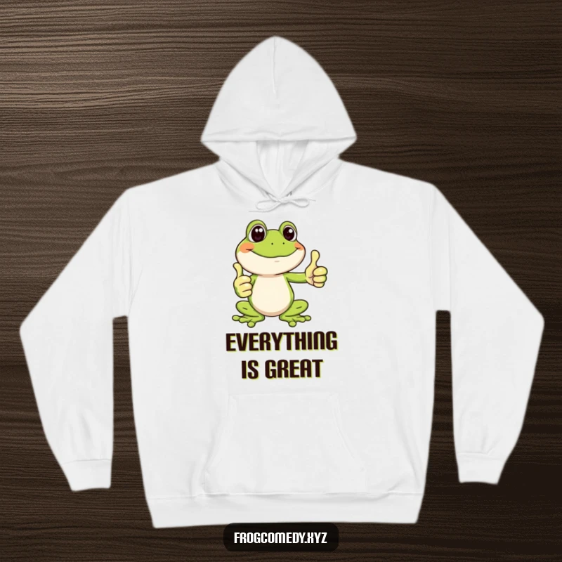 Funny hoodie featuring a very happy frog giving a big thumbs up, designed for comfort and spreading positive, funny energy.