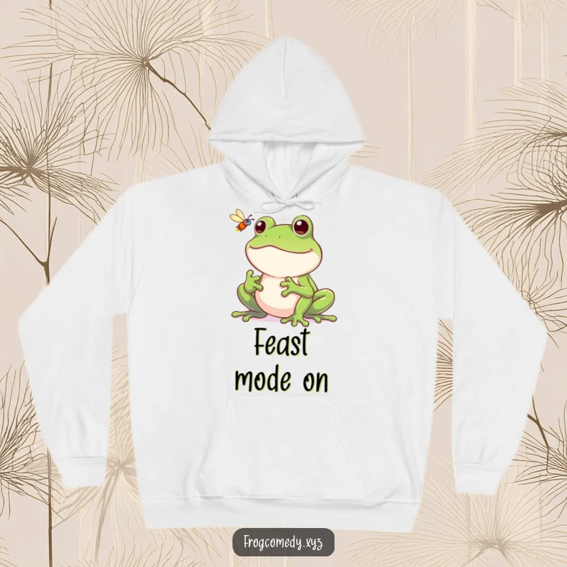 Funny frog hoodie, a grinning frog catching a fly, comfortable and humorous outerwear with a playful theme.
