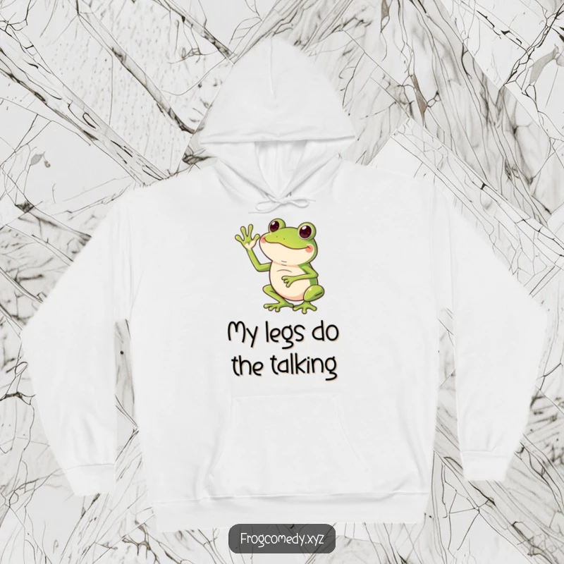 Funny hoodie with a cute frog character giving an exaggerated wave using its long legs.