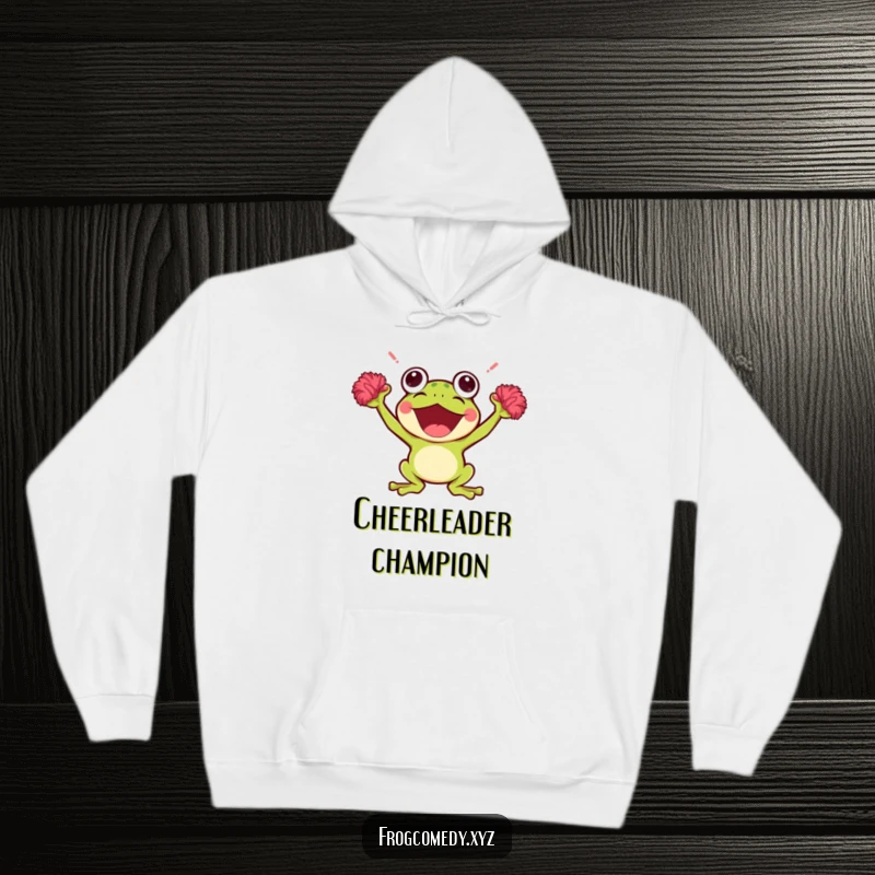 Funny Kawaii Frog Hoodie: A warm hoodie featuring a cute, cheering Kawaii frog with pom-poms, embodying spirit and comfort for a great gift.