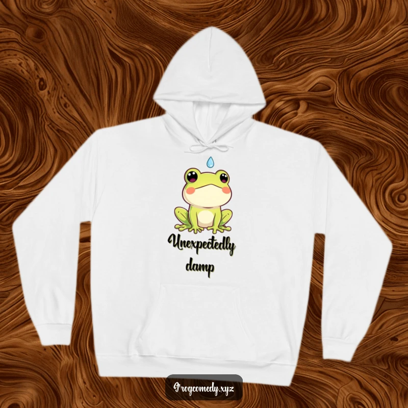 Funny Kawaii frog hoodie, depicts a cute amphibian looking shocked by a single falling raindrop, comfortable and humorous apparel.