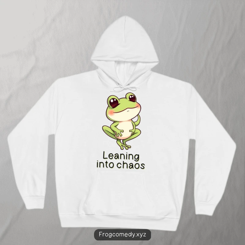 Funny, mischievous frog winking while balancing on one toe, featured on a soft and warm hoodie.