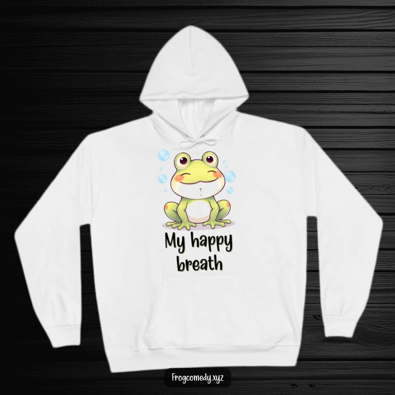 Funny Kawaii frog with a massive smile blowing bubbles, creating a warm and humorous atmosphere in this comfortable hoodie.