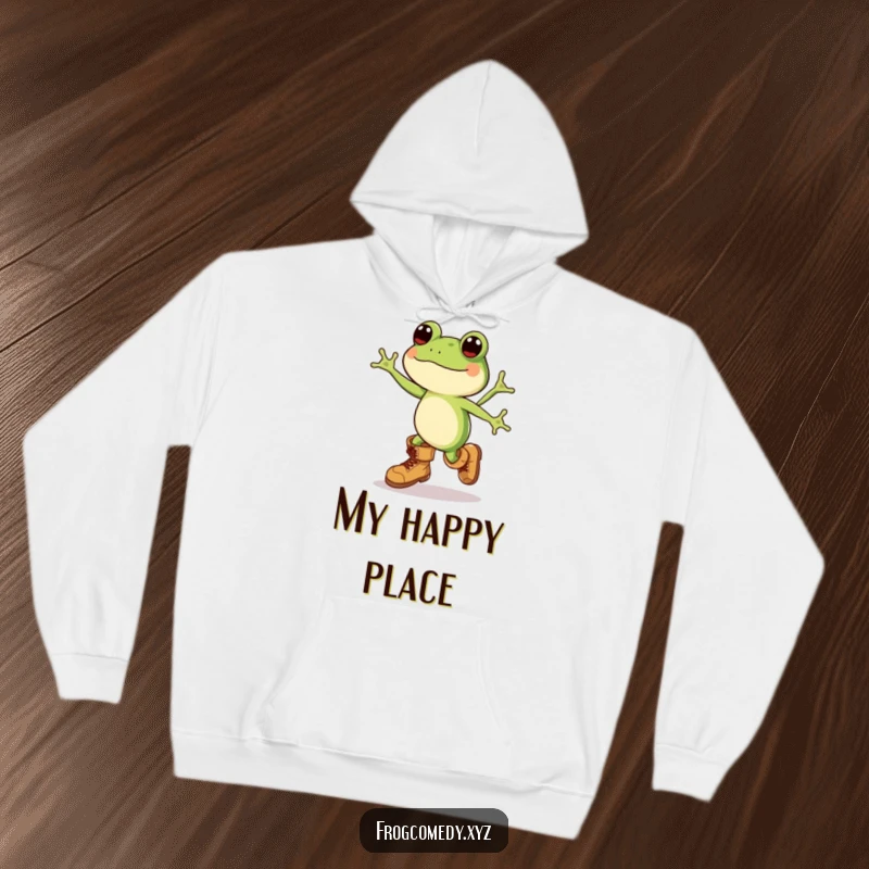 Funny Kawaii frog in enormous boots, exuding joy as it leaps, making this hoodie a warm and humorous addition.