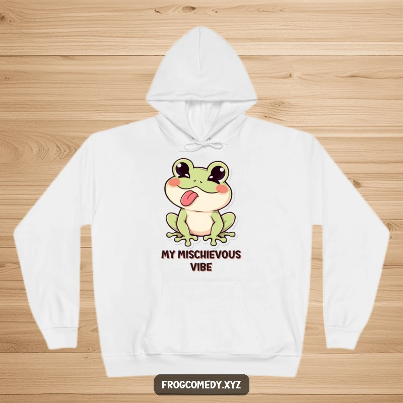 Funny Kawaii frog winking mischievously and sticking its tongue out, making this hoodie warm and hilariously fun.