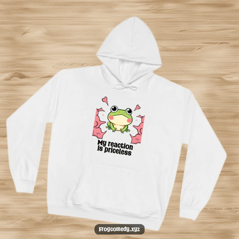 Funny Kawaii Frog Hoodie, a surprised frog looking at an approaching boom, cozy and humorous design.