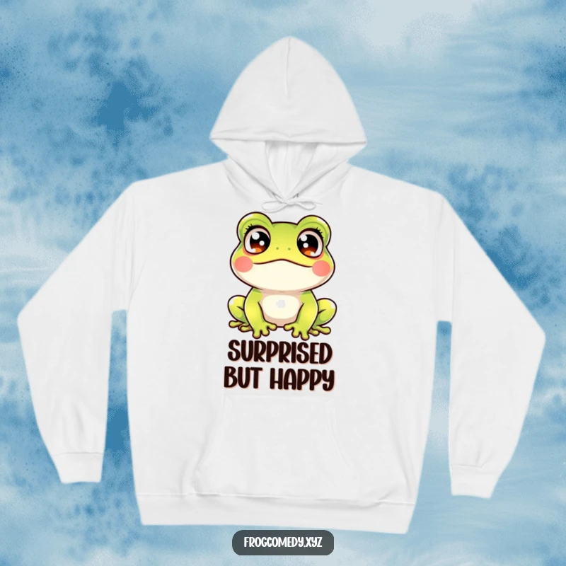 Funny kawaii frog hoodie featuring a cute amphibian with crossed eyes, looking hilariously startled and amused, perfect for cozy expressions.