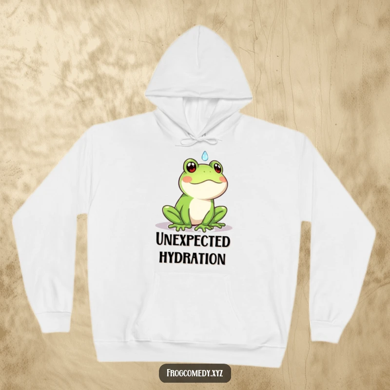 Funny Kawaii frog hoodie featuring a cute frog surprised by a raindrop, perfect for cozy, humorous, and relatable wear.