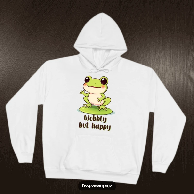 Funny Kawaii frog wobbling with laughter on a lily pad, printed on a warm hoodie, combining comfort with hilarious, playful humor.