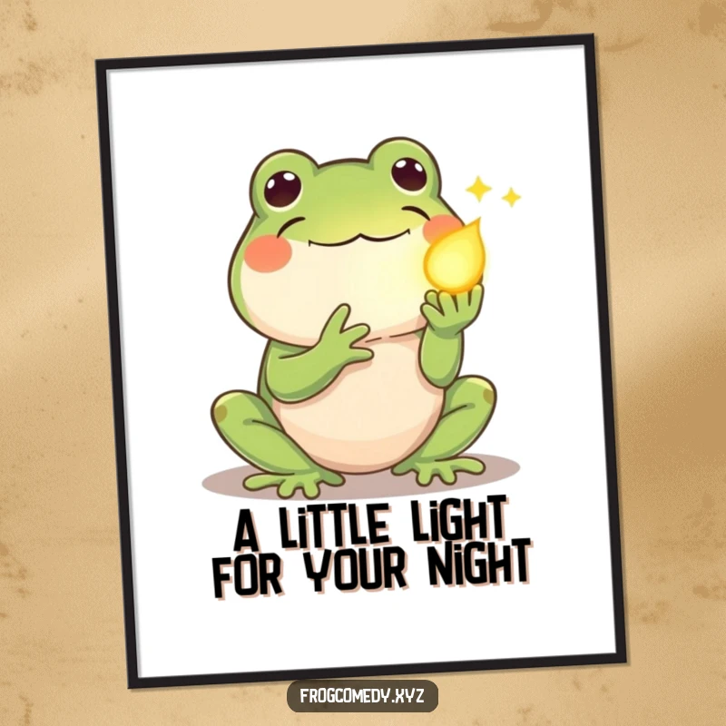 Funny Free Printable Wall Art: Shy kawaii frog offers a soft glowing firefly, creating a gentle, magical ambiance.