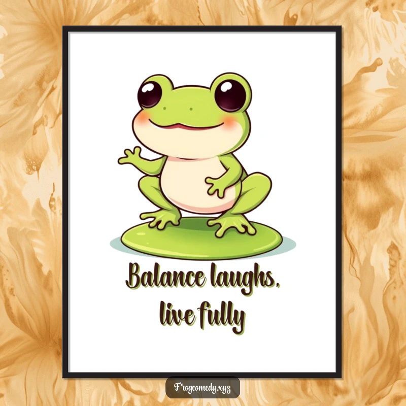Funny Free Printable Wall Art: A Kawaii frog balances precariously on a lily pad, wobbling with uncontrollable, infectious laughter.
