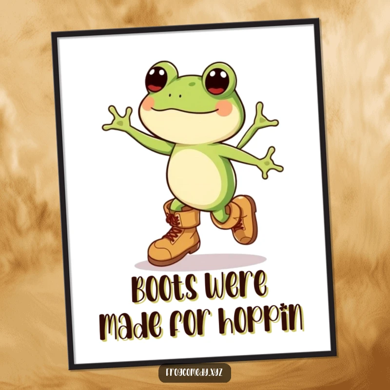 Funny Free Printable Wall Art: A joyous kawaii frog with massive boots, captured mid-leap.