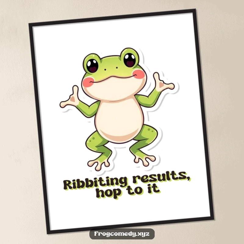 Funny Free Printable Wall Art of a frog with webbed feet doing a joyful and silly wiggle dance, radiating good vibes.