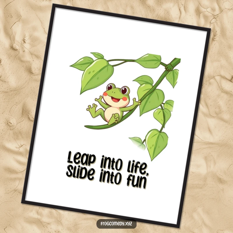 Funny Free Printable Wall Art of a delighted frog sliding down a long, leafy vine, bringing a playful vibe.