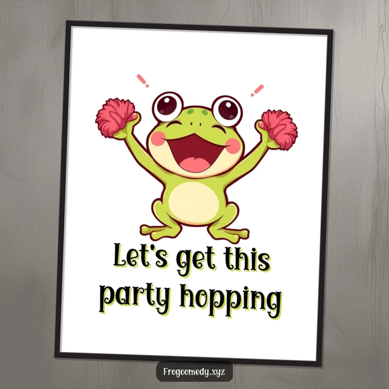 Funny Free Printable Wall Art: A highly energetic Kawaii frog cheers with pom-poms.