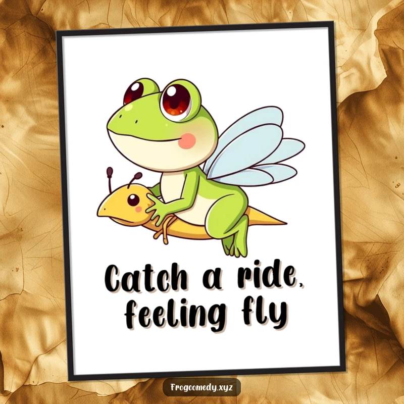 Funny Free Printable Wall Art: A frog character joyfully rides a friendly dragonfly through the air.