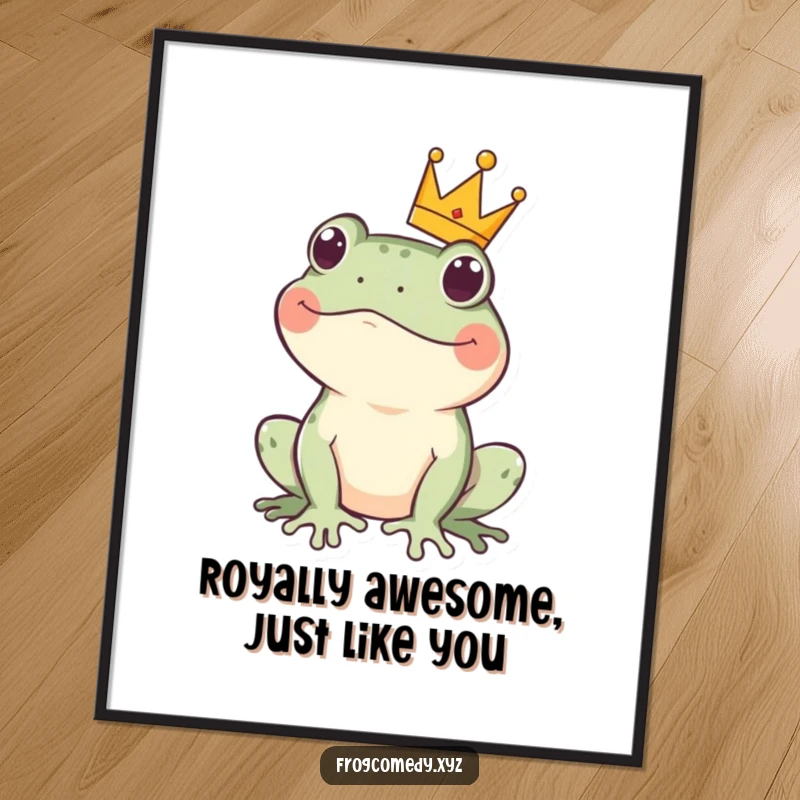 Funny Free Printable Wall Art: a cute Kawaii frog wearing a tiny crown, exuding playful regality.