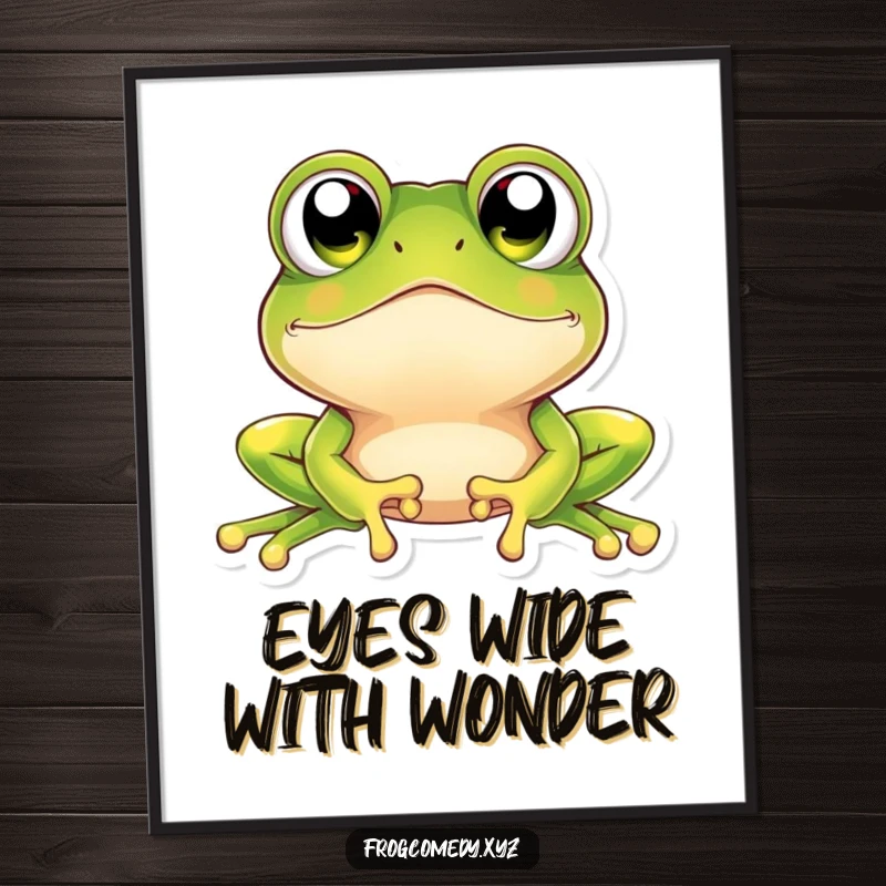 Funny Free Printable Wall Art: Kawaii frog with massive, sparkling eyes gazing upwards in sheer amazement, art print.