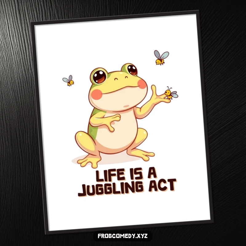 Funny Free Printable Wall Art: A Kawaii frog in mid-air, juggling three tiny flies with pure glee, art print.