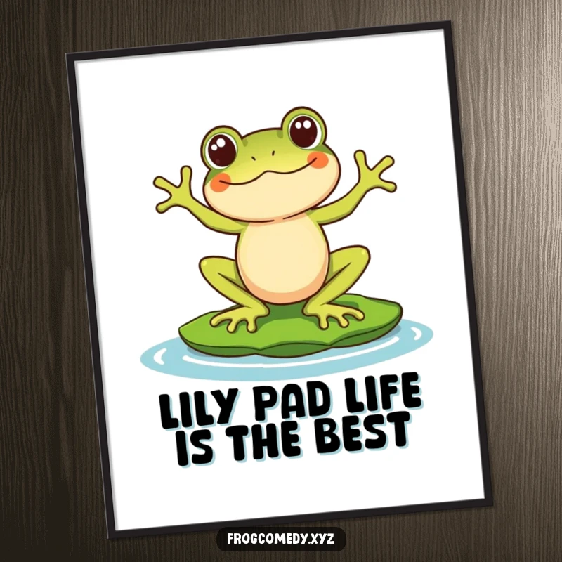 Funny Free Printable Wall Art: Kawaii stylized frog character balancing comically on a lily pad, whimsical downloadable decor.