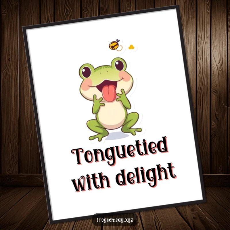 Free Printable Wall Art: An excited frog with its tongue out, humorously catching a fly mid-air.