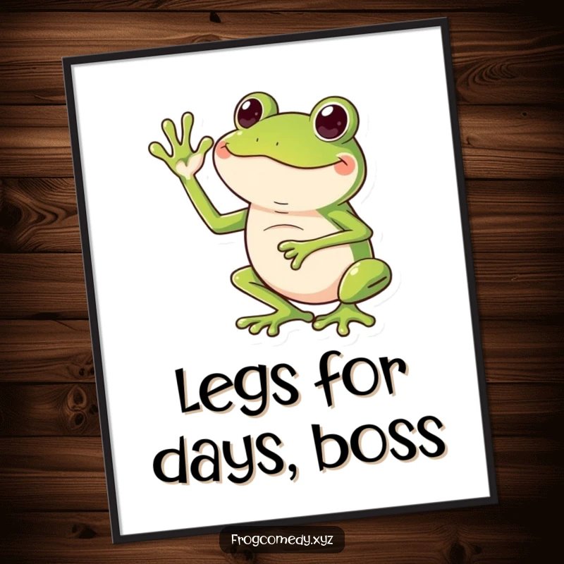 Funny Free Printable Wall Art: Cartoon frog waving with long legs, humorous and cheerful wall decor.