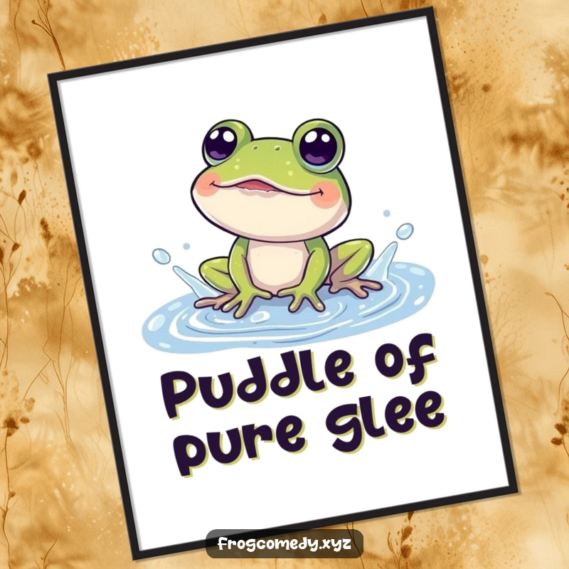 Funny Free Printable Wall Art: Cartoon frog joyfully splashing in a puddle, eyes wide with amusement.