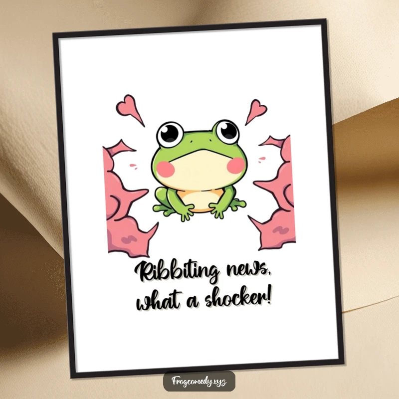 Funny Free Printable Wall Art: A kawaii frog with wide eyes startled by an approaching 'BOOM', humorous downloadable art.