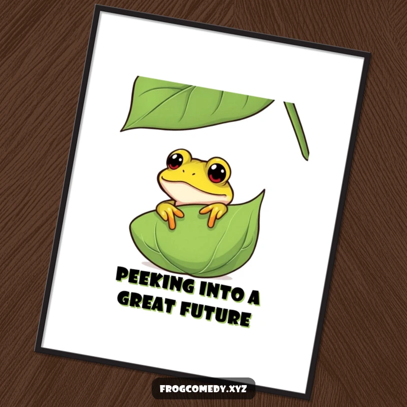 Funny Free Printable Frog Wall Art featuring a curious frog peeking from behind a large leaf, creating a whimsical scene.