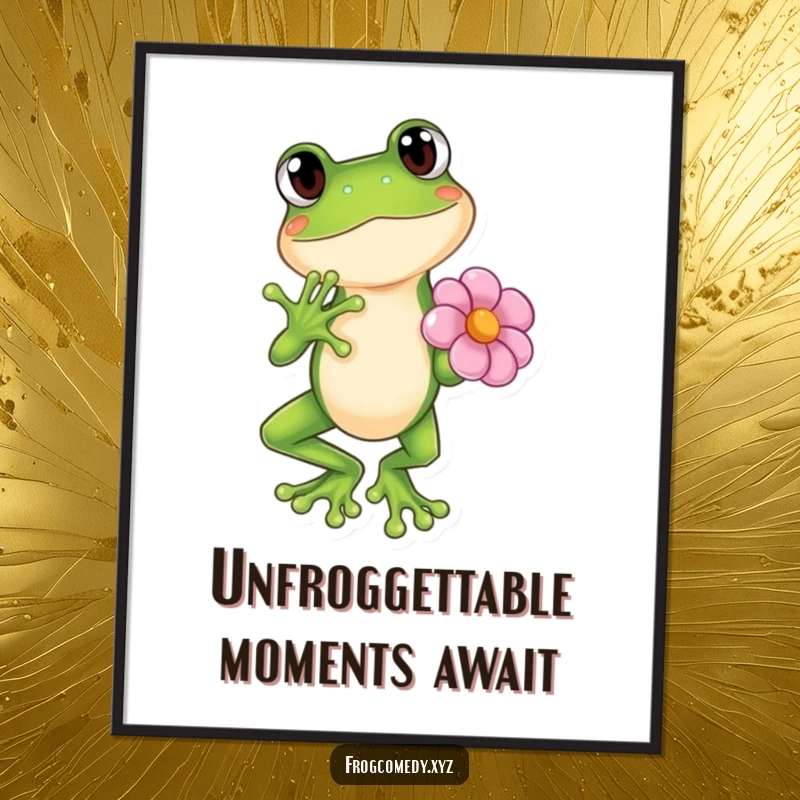 Funny Free Printable Wall Art: A Kawaii frog striking a dramatic pose with a flower, adding quirky charm to any wall.