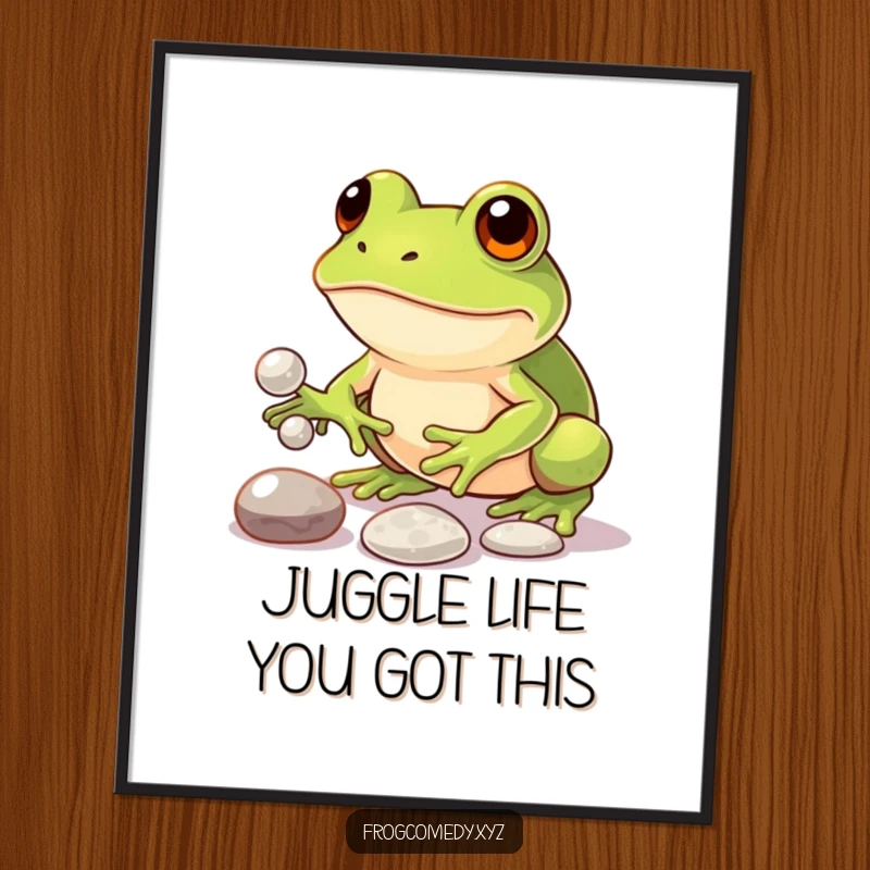 Funny Free Printable Wall Art: Kawaii frog intensely juggling three small shiny pebbles with comedic effort.