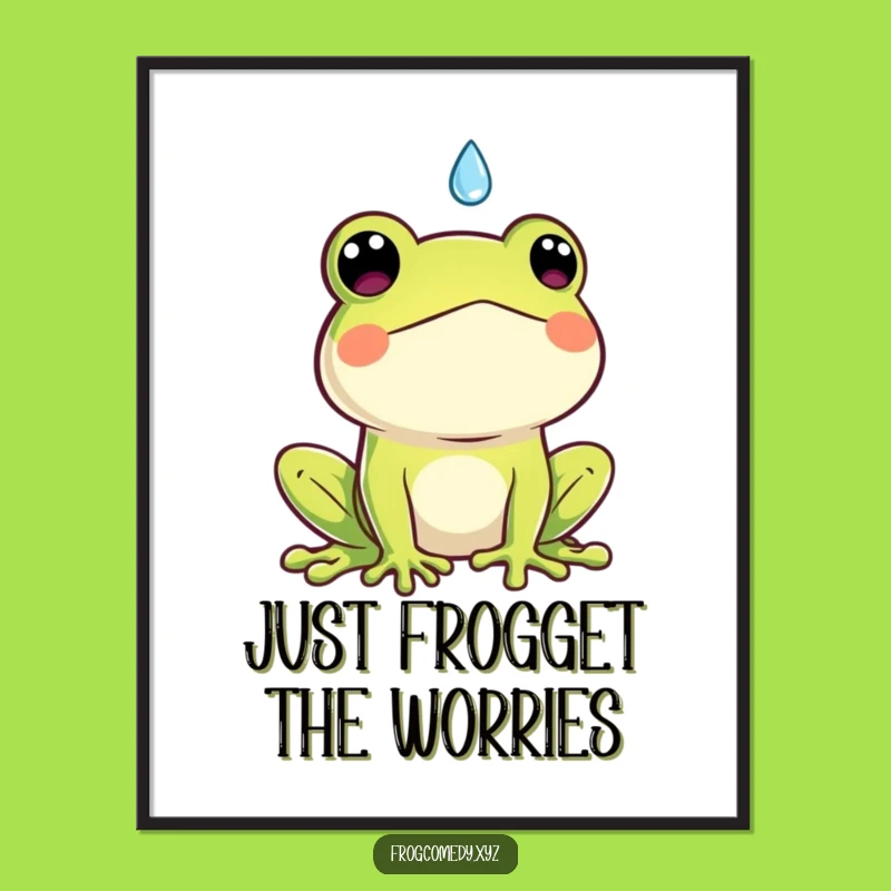 Funny Free Printable Kawaii Frog Art: Surprised by Raindrop Downloadable Wall Decor