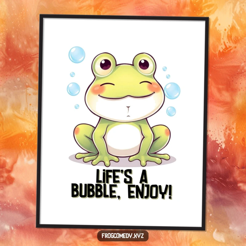 Funny Free Printable Wall Art: A kawaii frog joyfully blowing a cascade of shimmering bubbles with a wide grin.