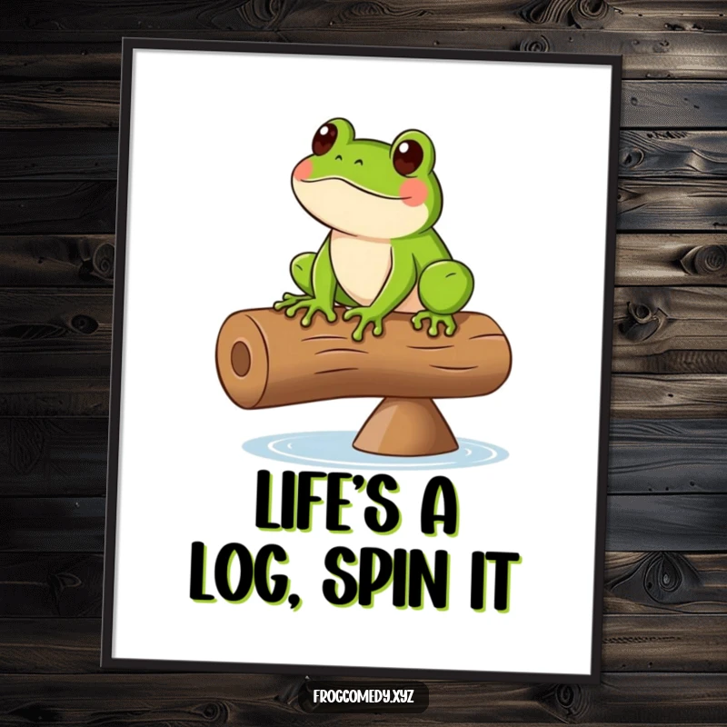 Funny free printable wall art: A green frog balances on a spinning log, whimsical downloadable decor.