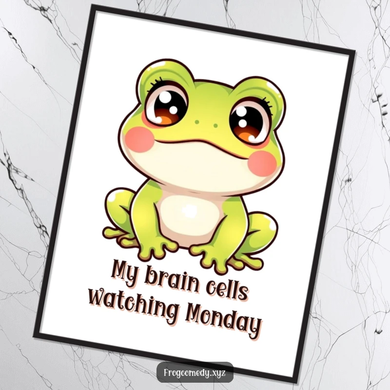Funny Free Printable Wall Art: a Kawaii frog with crossed eyes, looking startled yet amused, creating whimsical decor.