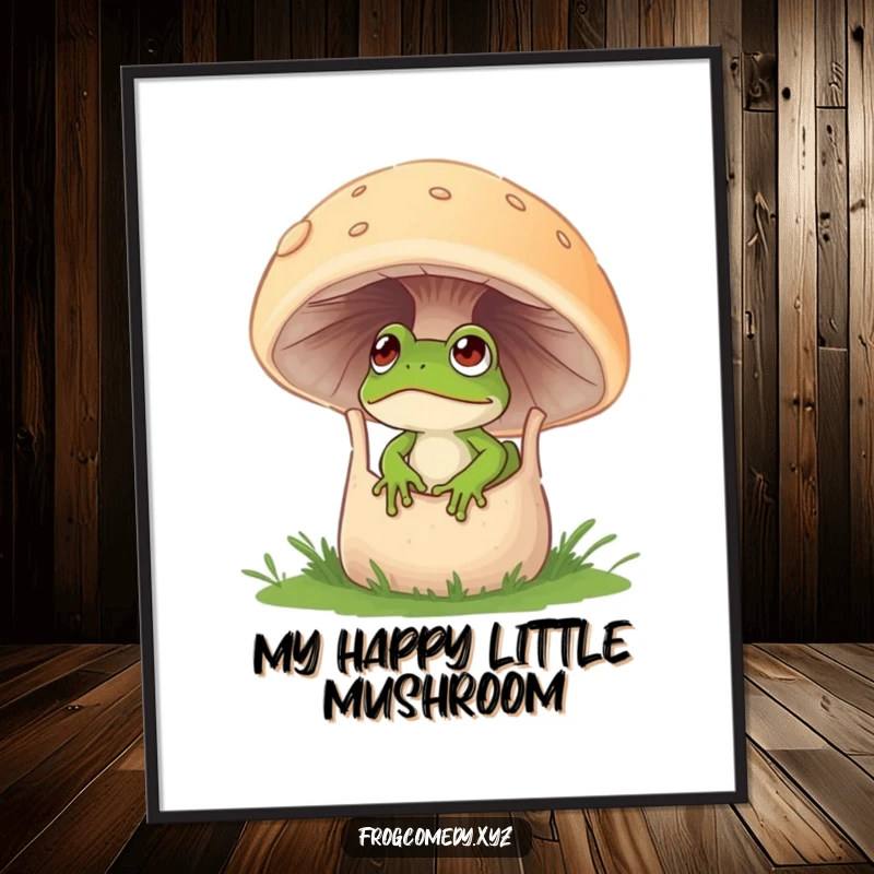 Funny Free Printable Wall Art showing a curious frog peeking out from a large, hollow mushroom home.