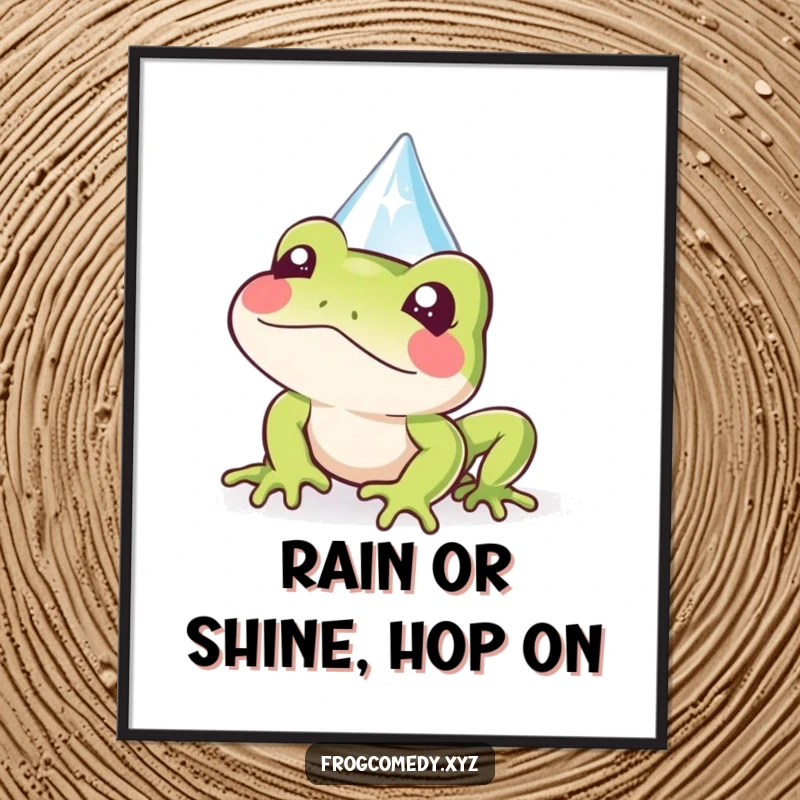 Funny Free Printable Wall Art: A cute Kawaii frog peeks its head out playfully from behind a sparkly raindrop.