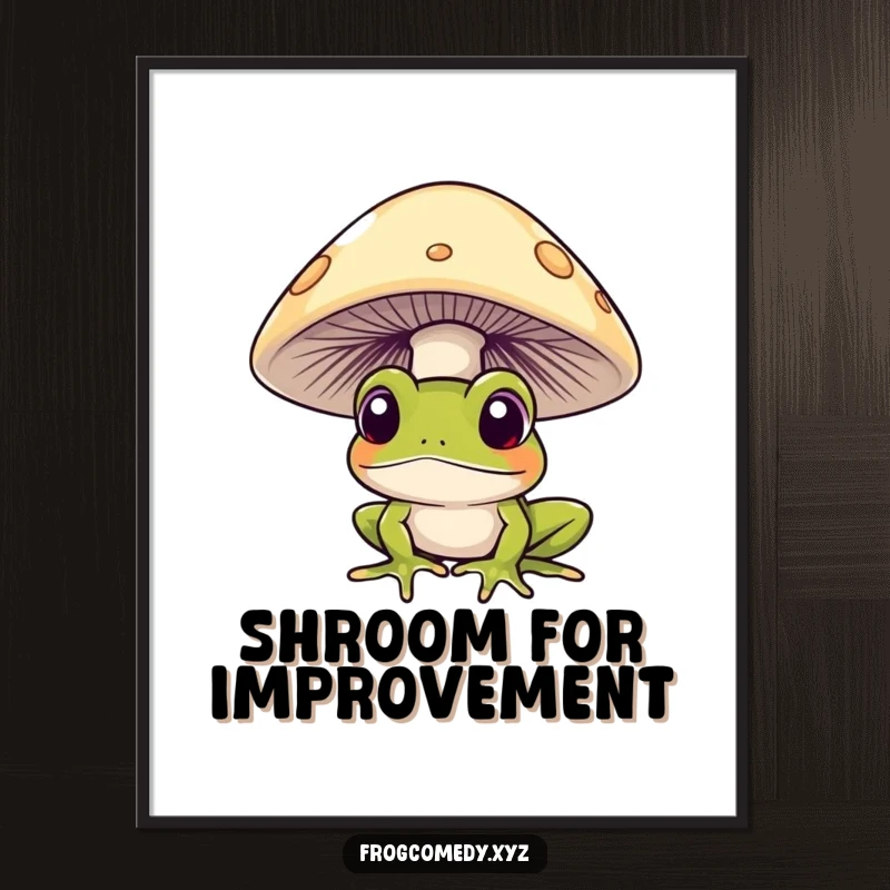 Funny Free Printable Wall Art: A curious frog with wide eyes peeks out from the shadows of a large mushroom.
