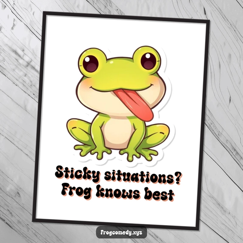 Funny Free Printable Wall Art: A cute kawaii frog character playfully extending its long, sticky tongue outwards.