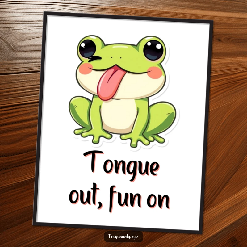 Funny Free Printable Wall Art: A Kawaii frog winks playfully with its tongue sticking out, radiating a fun and cheeky personality.