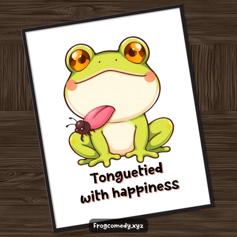 Funny Free Printable Wall Art: Frog with a wide grin uses its long tongue to catch a tasty fly.