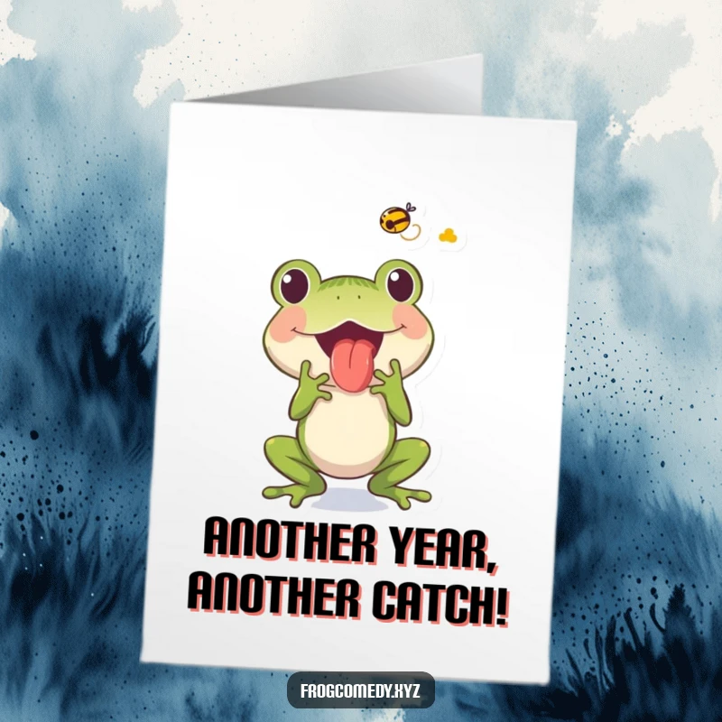 Funny Free Printable Birthday Card: Energetic frog with its tongue out, excitedly catching a fly mid-air.