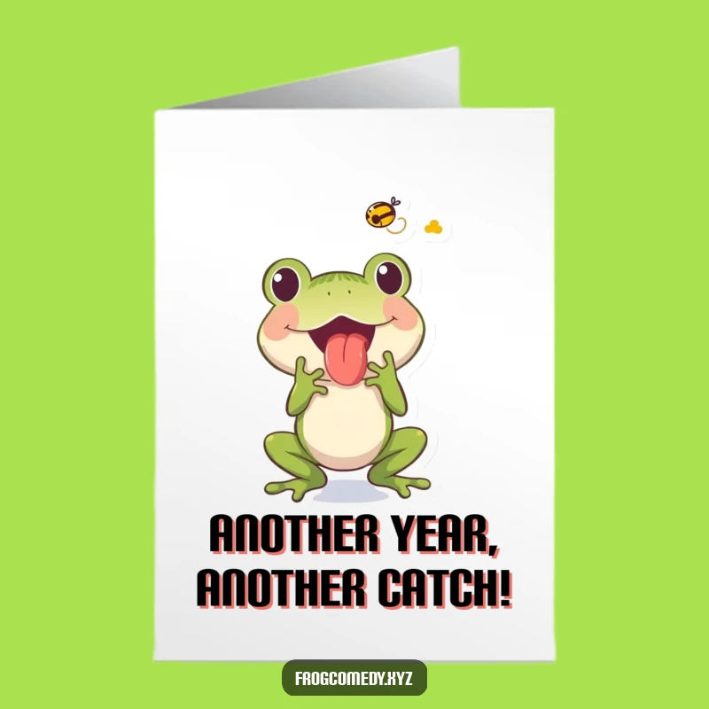 Free Printable Birthday Card: Excited Frog Fly Catch, Humorous DIY Gift for a Fun Celebration